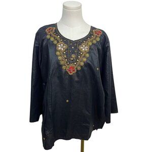 Black Suntex India Embroidered Tunic Top W/ Gold & Red Accents Long Sleeve Sz XL
